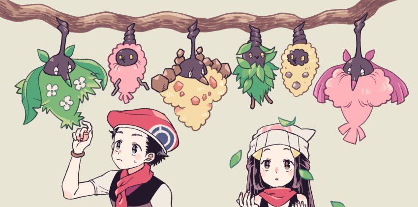 1boy 1girl beanie black_hair blush bracelet burmy burmy_(plant) burmy_(sandy) burmy_(trash) closed_mouth commentary_request hikari_(pokemon) gen_4_pokemon grey_background hair_ornament hairclip hand_up hands_up hat highres jewelry komasawa_(fmn-ppp) leaf long_hair lucas_(pokemon) pokemon pokemon_(creature) pokemon_(game) pokemon_dppt red_headwear scarf short_hair short_sleeves simple_background sweatdrop tree_branch white_headwear wormadam wormadam_(plant) wormadam_(sandy) wormadam_(trash)