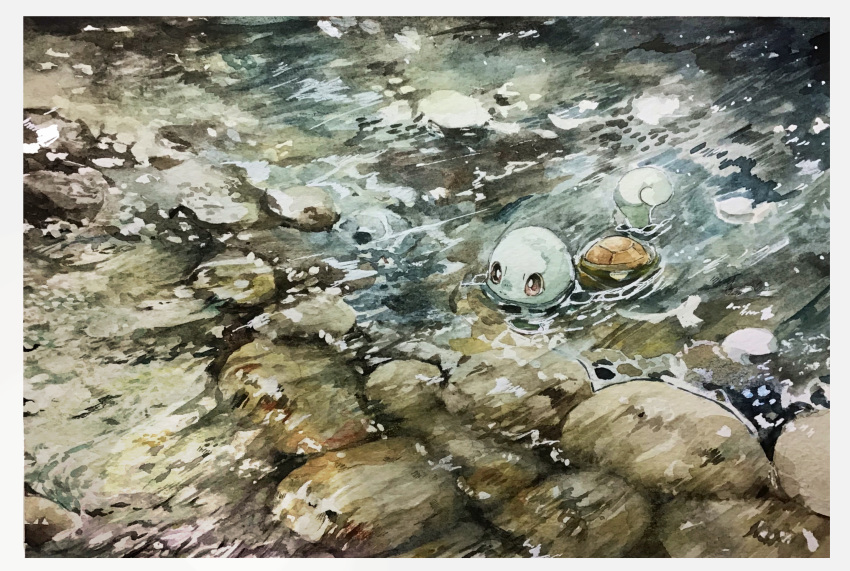 animal_focus border commentary day gen_1_pokemon grey_border highres kamonabe_(kamonabeekon) muted_color no_humans outdoors partially_submerged pokemon pokemon_(creature) red_eyes rock shell solo squirtle stream swimming traditional_media water watercolor_(medium)