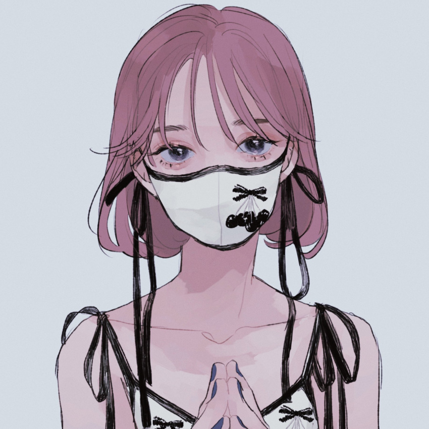 1girl bangs black_eyes collarbone grey_background hands_together highres looking_at_viewer mask mouth_mask original pink_hair print_mask short_hair simple_background solo tami_moon white_mask