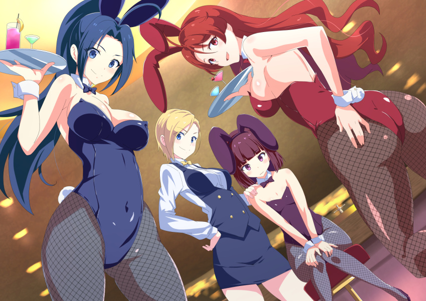 4girls animal_ears ass asymmetrical_bangs back bangs bar black_legwear blonde_hair blue_eyes blue_hair blue_leotard blue_neckwear blue_vest blunt_bangs blunt_ends bob_cut breasts bunny_tail closed_mouth cocktail cocktail_glass collar commentary covered_navel cup detached_collar dress_shirt drinking_glass dutch_angle eyebrows_visible_through_hair fake_animal_ears fake_tail fishnet_legwear fishnets formal from_behind frown grey_legwear hand_on_hip hand_on_own_ass higashiyama_akisa holding holding_tray indoors knees_together_feet_apart large_breasts leotard long_hair long_sleeves looking_at_viewer looking_back magicami medium_breasts medium_hair moroheiya_(moroheiya-works) multiple_girls ohtori_aka ohtori_ao open_mouth pantyhose pencil_skirt playboy_bunny ponytail purple_hair purple_leotard purple_neckwear rabbit_ears red_eyes red_leotard red_neckwear redhead shirt short_hair sidelocks skirt skirt_suit small_breasts smile standing stool strapless strapless_leotard suit tail tray vest violet_eyes white_collar white_shirt wrist_cuffs yellow_neckwear yukifune_eriza