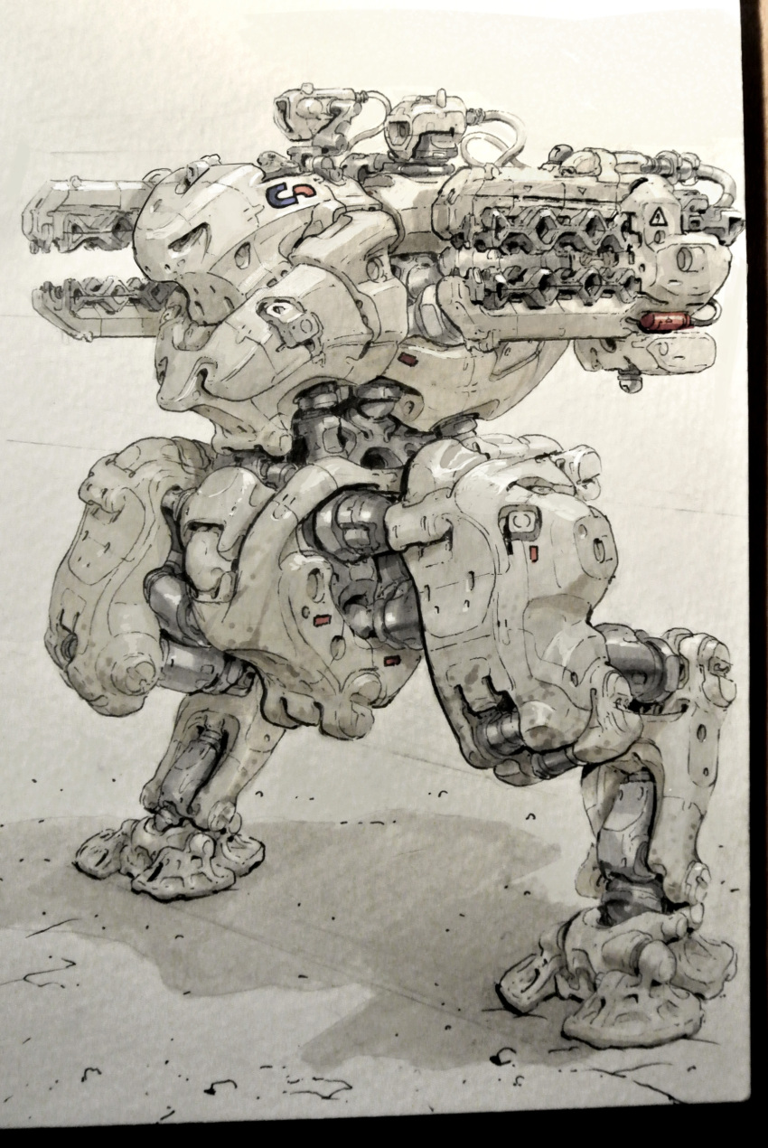 absurdres english_commentary highres looking_ahead marker_(medium) mecha michal_kus no_arms no_humans original railgun science_fiction solo standing traditional_media