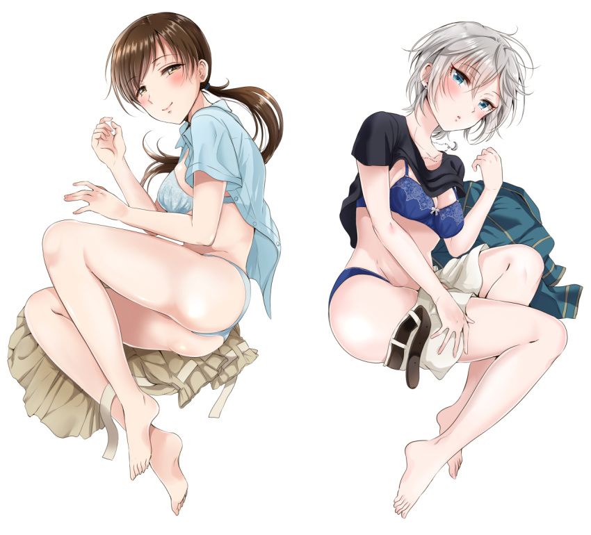 2girls anastasia_(idolmaster) ass bare_legs barefoot black_shirt blue_bra blue_eyes blue_panties blue_shirt bra breasts brown_eyes brown_hair commentary_request earrings fetal_position full_body gen_(enji) idolmaster idolmaster_cinderella_girls jewelry long_hair looking_at_viewer love_laika_(idolmaster) low_ponytail lying medium_breasts multiple_girls necklace nitta_minami on_side open_clothes open_shirt panties shirt shirt_lift short_hair shorts shorts_pull silver_hair skirt skirt_removed t-shirt underwear white_background