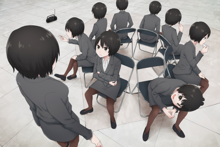 1girl black_hair boombox chair cigarette commentary crossed_arms drinking folding_chair multiple_persona office_lady original pantyhose pencil_skirt short_hair sitting skirt smoking yajirushi_(chanoma)