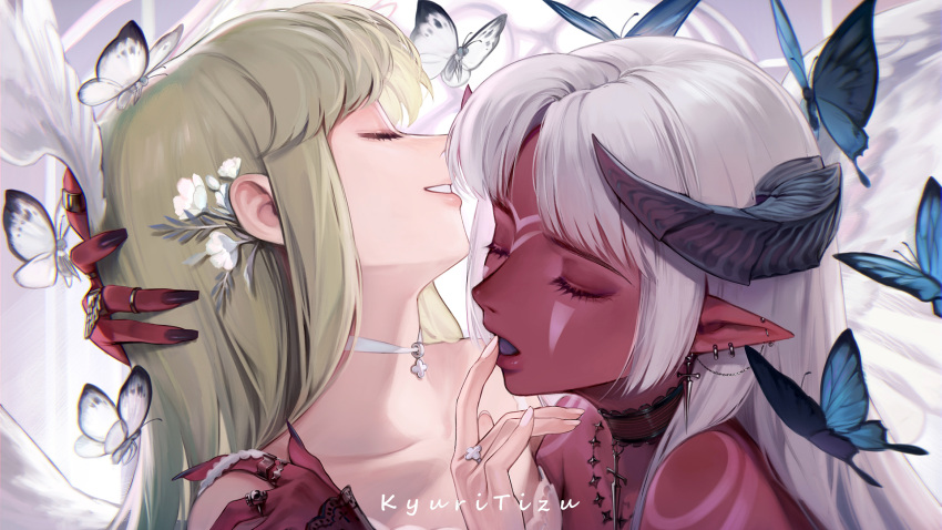 2girls angel_and_devil angel_wings bangs blonde_hair bug butterfly choker close-up closed_eyes colored_skin earrings face facial_mark finger_to_another's_mouth hand_on_another's_head head_wings highres horns insect jewelry kyuri_tizu multiple_girls open_mouth original red_skin ring smile white_hair wings yuri