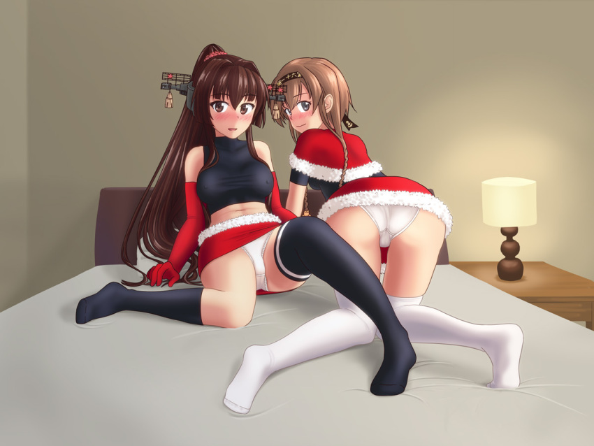 2girls all_fours ass asymmetrical_legwear bed black_headband black_legwear black_shirt blush braid breasts brown_eyes brown_hair christmas closed_mouth commentary_request covered_nipples crotch_seam doutanuki elbow_gloves eyebrows_visible_through_hair fur-trimmed_skirt fur_trim gloves hair_ornament hair_scrunchie headband headgear indoors kantai_collection knee_up kneehighs lamp large_breasts long_hair midriff miniskirt multiple_girls navel on_bed open_mouth panties pillow pink_scrunchie ponytail red_gloves red_skirt santa_costume scrunchie shirt short_sleeves single_horizontal_stripe sitting skirt sleeveless sleeveless_shirt smile teruzuki_(kantai_collection) thigh-highs twin_braids underwear wariza white_legwear white_panties yamato_(kantai_collection)