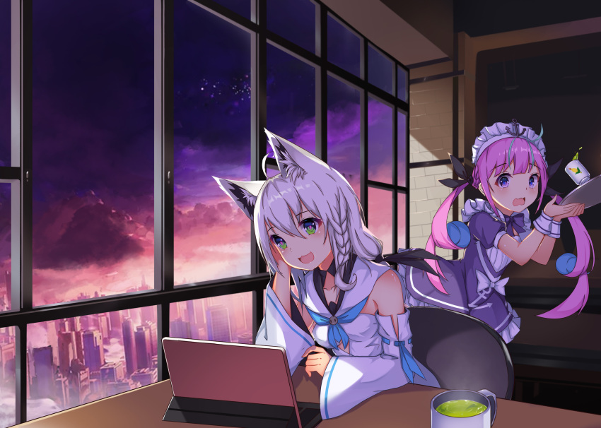 2girls :3 absurdres ahoge anchor_symbol animal_ear_fluff animal_ears aoman_de_cangshu bangs bare_shoulders black_ribbon blue_eyes blue_hair blunt_bangs blush braid breasts chair computer cup detached_sleeves dress drink eyebrows_visible_through_hair fox_ears fox_girl green_eyes hair_between_eyes hair_ribbon hand_on_own_cheek hand_on_own_face hand_up hands_up highres holding holding_plate hololive laptop long_hair looking_at_viewer maid maid_headdress minato_aqua multicolored_hair multiple_girls open_mouth pink_hair plate purple_dress ribbon shirakami_fubuki small_breasts table twintails violet_eyes virtual_youtuber wavy_mouth white_hair window wrist_cuffs