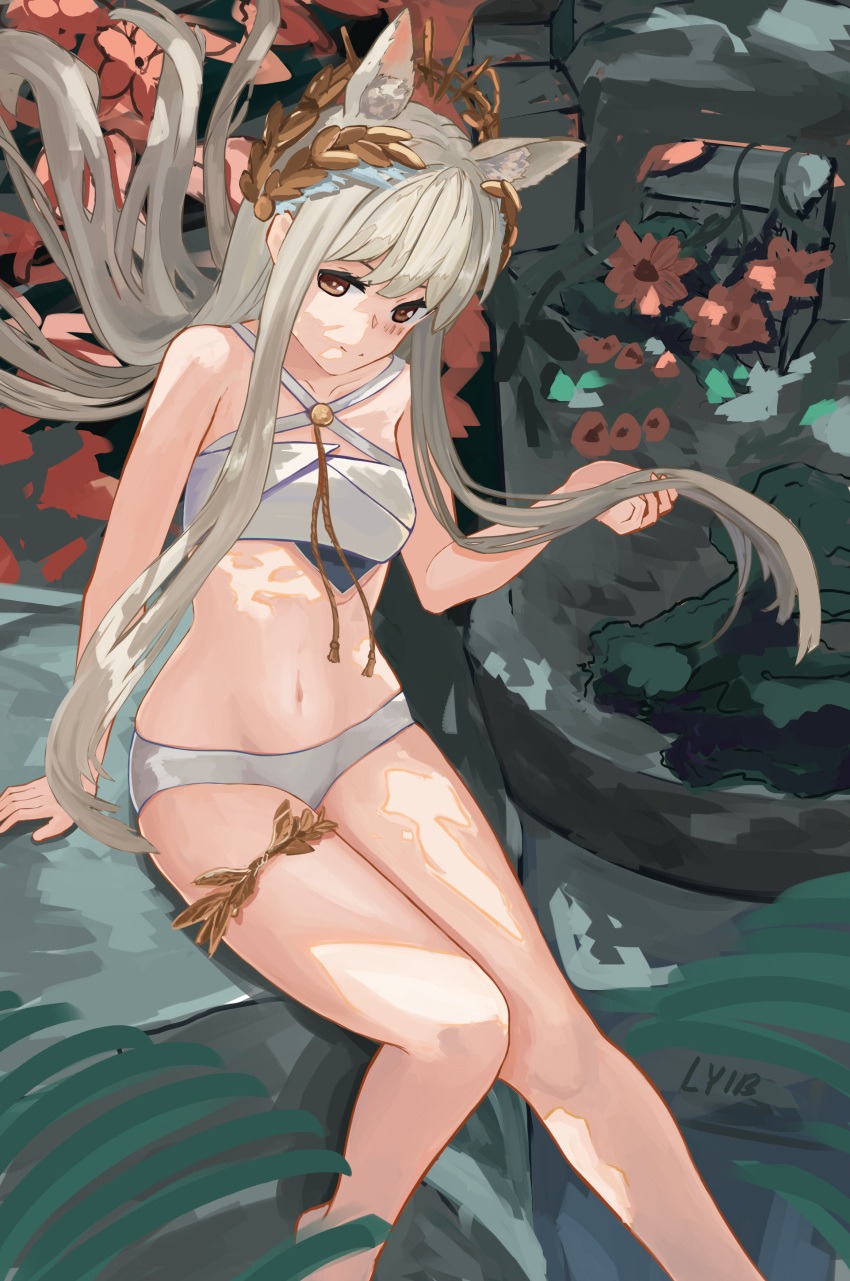 1girl absurdres animal_ear_fluff animal_ears arknights arm_support artist_name bangs bare_shoulders barefoot bikini blush breasts brown_eyes closed_mouth collarbone commentary criss-cross_halter eyebrows_behind_hair floating_hair groin hair_between_eyes halterneck highres holding holding_hair horse_ears laurel_crown long_hair looking_at_viewer lyib medium_breasts midriff navel official_alternate_costume platinum_(arknights) platinum_(sunny_dew)_(arknights) rock sidelocks silver_hair sitting smile solo swimsuit thighlet tree tree_shade very_long_hair white_bikini