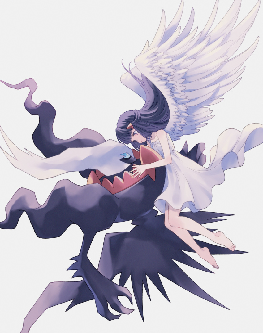 1girl alternate_costume bare_arms barefoot black_hair closed_mouth commentary_request darkrai hikari_(pokemon) dress eye_contact eyebrows_visible_through_hair feathered_wings floating_hair flowing_dress gen_4_pokemon hair_ornament hairclip highres holding holding_pokemon knees_together komasawa_(fmn-ppp) long_hair looking_at_another mythical_pokemon pokemon pokemon_(creature) pokemon_(game) pokemon_dppt toes white_dress wings