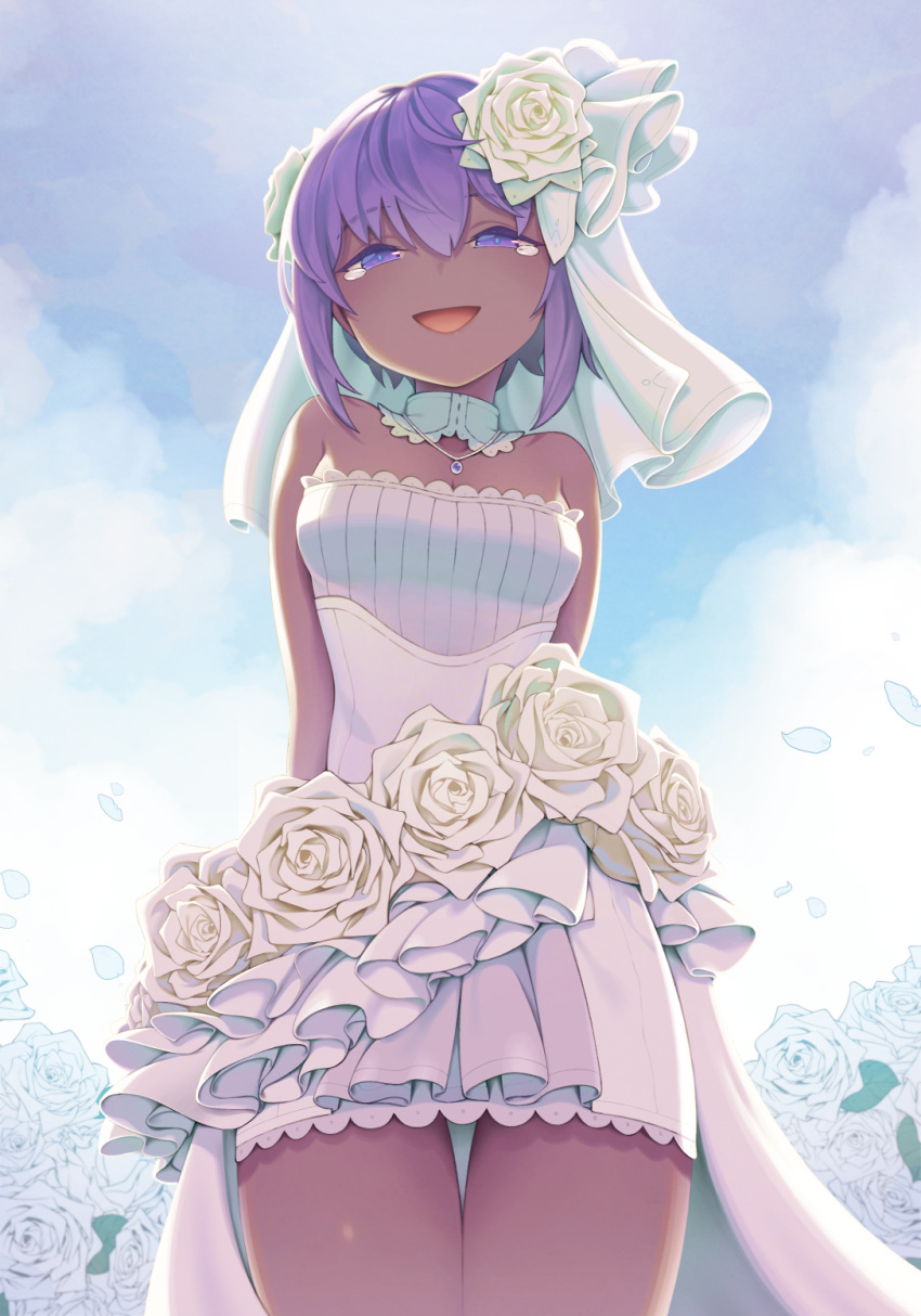 1girl alternate_costume blue_sky bridal_veil choker clouds cowboy_shot dark_skin dark-skinned_female dress fate/prototype fate/prototype:_fragments_of_blue_and_silver fate_(series) flower happy hassan_of_serenity_(fate) highres looking_at_viewer open_mouth peaceyj purple_hair rose short_dress sky solo strapless strapless_dress tearing_up thigh_gap veil violet_eyes wedding_dress white_flower white_rose