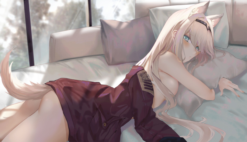 1girl an-94_(girls_frontline) animal_ears aqua_eyes ass bangs blush closed_mouth dog_ears dog_girl dog_tail girls_frontline hairband indoors jacket long_hair looking_at_viewer lying on_stomach pillow pillow_hug ru_zhai solo tail