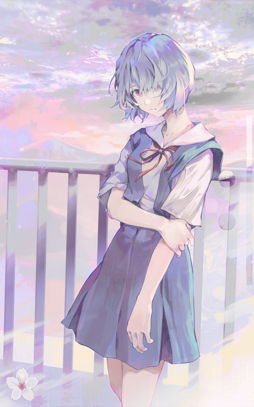 1girl absurdres ayanami_rei bangs blue_hair closed_mouth hair_over_one_eye highres holding_arm huge_filesize kyuuba_melo looking_at_viewer neck_ribbon neon_genesis_evangelion red_eyes red_ribbon ribbon school_uniform short_hair short_sleeves skirt solo standing suspender_skirt suspenders