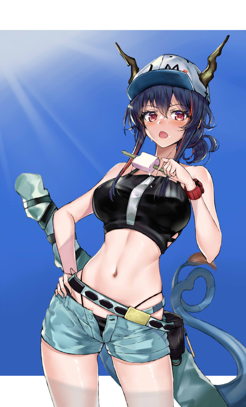 1girl arknights bangs bare_arms bare_shoulders baseball_cap bikini black_bikini blue_hair blue_shorts blush breasts ch'en_(arknights) commentary_request cowboy_shot dragon_horns dragon_tail female_tourist_c_(arknights) food hair_between_eyes hand_on_hip hat highres holding holding_food horns horns_through_headwear kakeru_(kakeru) large_breasts long_hair looking_at_viewer navel open_fly open_mouth popsicle red_eyes short_shorts shorts solo standing stomach swimsuit tail thighs white_headwear