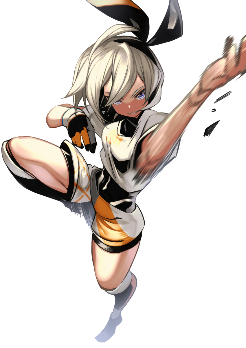 1girl absurdres arm_up bangs bea_(pokemon) black_bodysuit black_hairband bodysuit bodysuit_under_clothes bow_hairband chul-e_(suse09) commentary dark_skin dark-skinned_female dynamax_band gloves grey_hair gym_leader hairband highres knee_pads leg_up motion_blur motion_lines parted_lips pokemon pokemon_(game) pokemon_swsh print_shirt print_shorts shirt short_sleeves shorts single_glove solo violet_eyes white_background