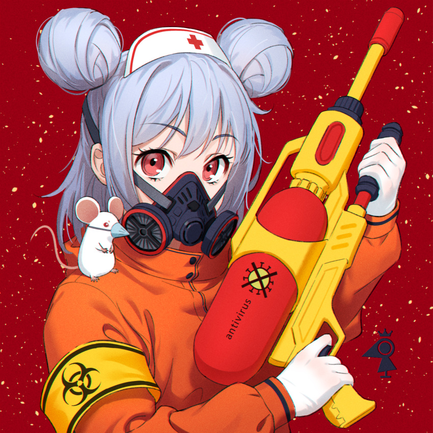 1girl animal animal_on_shoulder armband bangs chinese_zodiac commentary_request double_bun english_text eyebrows_visible_through_hair gas_mask gloves gun hat highres holding holding_gun holding_weapon jacket light_purple_hair looking_at_viewer mask mouse nurse_cap on_shoulder orange_jacket original red_background red_cross short_hair solo turtleneck turtleneck_jacket upper_body weapon white_gloves white_headwear wuuyaw year_of_the_rat