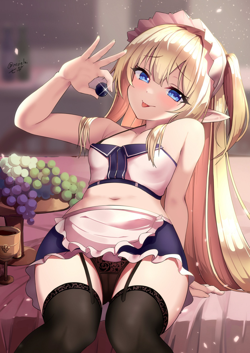 1girl absurdres apron arm_support arm_up armpits bare_arms bare_shoulders black_legwear black_panties blonde_hair blue_eyes blue_skirt breasts collarbone crop_top cup elf food frilled_skirt frills fruit garter_straps glint grapes halter_top halterneck highres holding long_hair looking_at_viewer maid maid_apron maid_headdress microskirt midriff miniskirt navel nezielmi one_side_up original panties pointy_ears shirt sidelocks sitting skirt sleeveless sleeveless_shirt small_breasts smile solo spaghetti_strap stomach thigh-highs thighs tongue tongue_out underwear very_long_hair waist_apron white_shirt