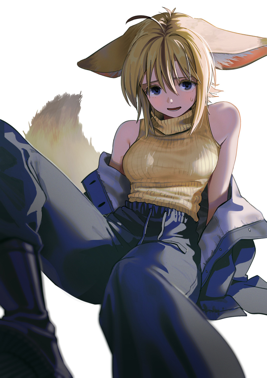 1girl :d ahoge animal_ear_fluff animal_ears arm_support bare_shoulders black_footwear black_pants blonde_hair blue_eyes boots breasts ears_down foreshortening fox_ears fox_girl fox_tail highres knee_boots leaning_back long_sleeves looking_at_viewer medium_breasts nashigaya_koyomi nervous_smile off_shoulder open_mouth original pants short_hair simple_background sitting smile sweater tail track_pants white_background yellow_sweater
