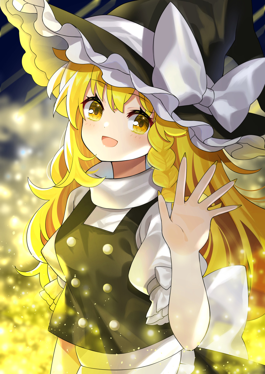 1girl absurdres apron bangs black_headwear black_vest blonde_hair bow braid buttons eyebrows_visible_through_hair frilled_hat frills hat hat_bow highres kirisame_marisa light_particles long_hair looking_at_viewer open_mouth puffy_short_sleeves puffy_sleeves shirt short_sleeves side_braid single_braid smile solo touhou turtleneck upper_body vest waist_apron white_apron white_bow white_shirt witch_hat yellow_eyes yuujin_(yuzinn333)