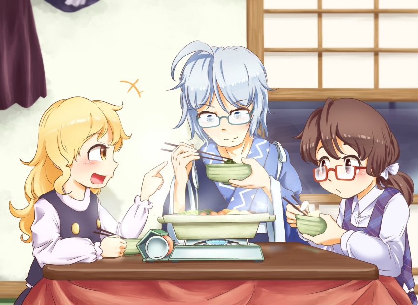 +++ 1boy 2girls ahoge arm_up black_vest blonde_hair blue_eyes blue_hair bowl brown_eyes brown_hair calcmis_gowa chopsticks commentary_request curtains eating fogged_glasses from_side glasses grill hat hat_removed headwear_removed highres holding holding_bowl holding_chopsticks indoors japanese_clothes kirisame_marisa kotatsu long_hair long_sleeves looking_at_another looking_down low_twintails morichika_rinnosuke multiple_girls nabe plaid plaid_vest pointing red-framed_eyewear semi-rimless_eyewear shirt short_hair smile table touhou twintails under-rim_eyewear under_kotatsu under_table usami_sumireko vest white_shirt window yellow_eyes