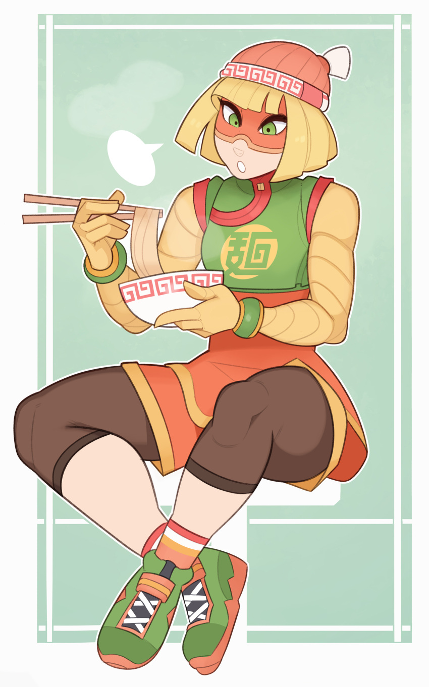 1girl absurdres arms_(game) bangs beanie blonde_hair blunt_bangs chinese_clothes domino_mask food green_eyes hat highres knit_hat leggings mask min_min_(arms) noodles short_hair simple_background solo splashbrush