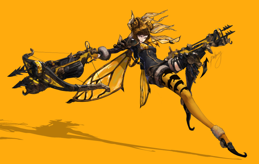 1girl absurdres ankle_cuffs armor bee_girl black_footwear black_legwear blonde_hair bow_(weapon) braid brown_hair buttons commentary_request crossbow double_bun dual_wielding floating full_body fur-trimmed_shorts fur_trim highres holding holding_bow_(weapon) holding_weapon insect_girl insect_wings jewelry korean_commentary light_smile looking_to_the_side mismatched_legwear mixed-language_commentary multicolored_hair multiple_braids necklace original outstretched_arm plantar_flexion pointy_footwear puhaaang shadow shorts shoulder_armor sideways_glance signature simple_background solo spaulders thigh_strap transparent_wings two-tone_hair weapon wings yellow_background yellow_eyes yellow_legwear
