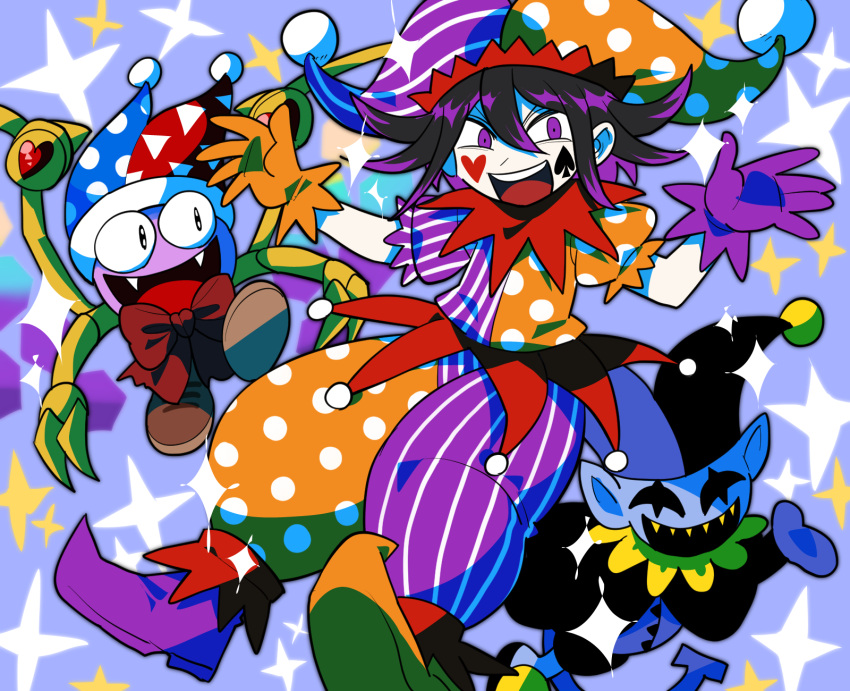 :d bangs black_hair blue_background bow commentary_request dangan_ronpa_(series) dangan_ronpa_v3:_killing_harmony fangs furukawa_(yomawari) gloves hands_up hat heart highres jester jester_cap looking_at_viewer mismatched_footwear multicolored multicolored_clothes multicolored_headwear multicolored_pants multicolored_shirt open_mouth orange_gloves ouma_kokichi pale_skin pants polka_dot polka_dot_headwear polka_dot_pants polka_dot_shirt puffy_short_sleeves puffy_sleeves purple_gloves purple_hair red_bow shirt short_sleeves smile sparkle striped striped_headwear striped_pants