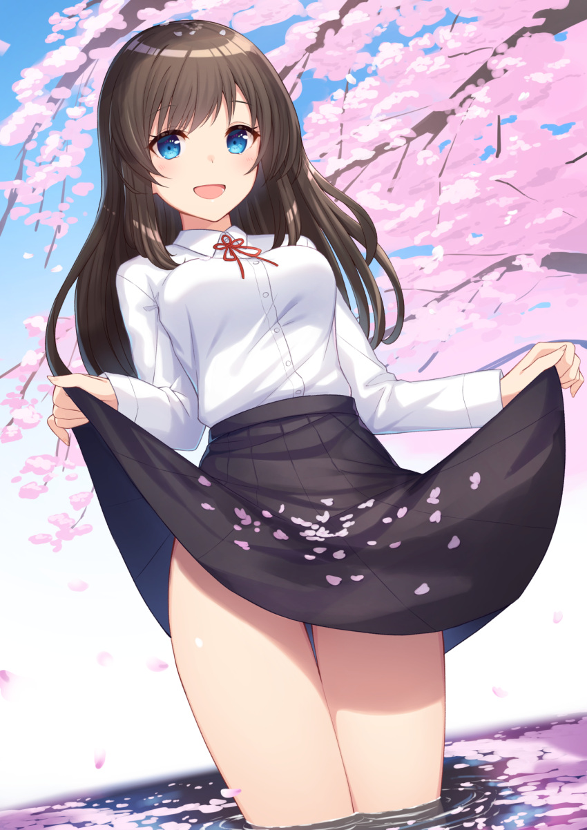1girl :d bangs blue_eyes blush breasts brown_hair cherry_blossoms collared_shirt commentary_request dress_shirt eliot_c_f eyebrows_visible_through_hair flower_knot highres long_hair long_sleeves looking_at_viewer medium_breasts medium_skirt neck_ribbon open_mouth original red_neckwear red_ribbon ribbon shirt skirt skirt_basket skirt_hold smile solo spring_(season) standing thigh_gap thighs water white_shirt