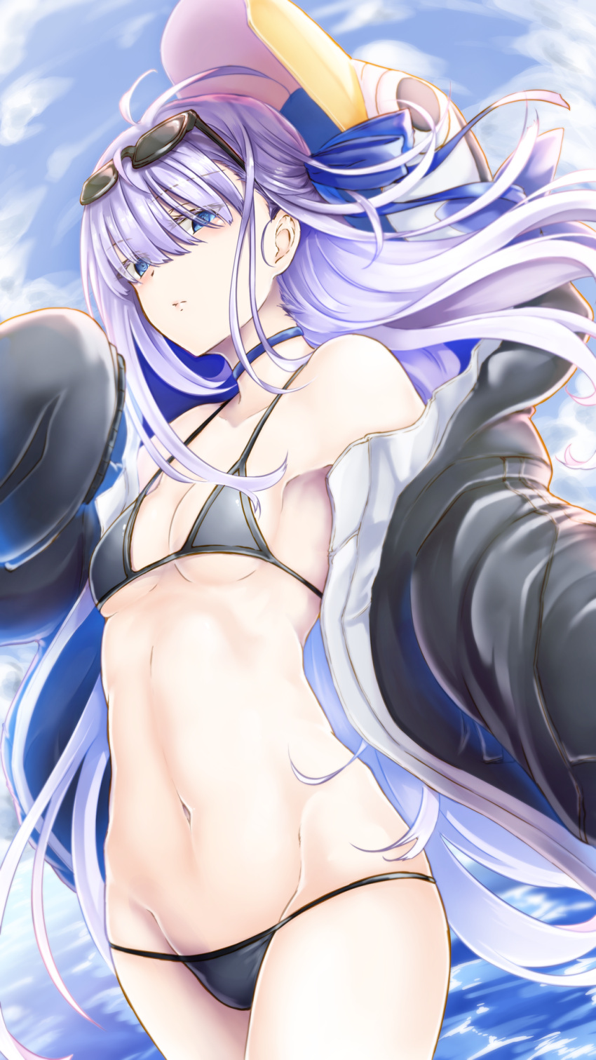 1girl animal_hood armpits bangs bare_shoulders bikini black_bikini black_choker black_jacket blue_hair blunt_bangs bow breasts choker closed_mouth clouds collarbone eyebrows_visible_through_hair eyewear_on_head fate/grand_order fate_(series) from_side glasses groin hair_between_eyes hair_bow hair_strand hand_up highres hood jacket long_hair long_sleeves looking_at_viewer looking_to_the_side meltryllis meltryllis_(swimsuit_lancer)_(fate) micro_bikini navel open_clothes open_jacket purple_bow renkon_(s36tereste) sidelocks sleeves_past_fingers sleeves_past_wrists small_breasts solo standing stomach swimsuit thighs violet_eyes wide_sleeves