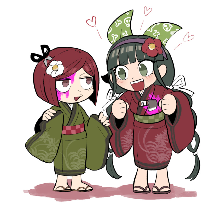 2girls :d alternate_costume bangs blood bloody_clothes blunt_bangs blush blush_stickers brown_eyes brown_hair chabashira_tenko chibi clenched_hands commentary_request dangan_ronpa_(series) dangan_ronpa_v3:_killing_harmony fake_blood flower full_body furukawa_(yomawari) green_kimono grey_eyes hair_flower hair_ornament hair_ribbon hands_up heart highres injury japanese_clothes kimono knife long_hair long_sleeves looking_at_another mole mole_under_mouth multiple_girls obi open_mouth pink_blood red_kimono redhead ribbon sandals sash scissors shiny shiny_hair short_hair simple_background smile standing teeth white_background wide_sleeves yumeno_himiko