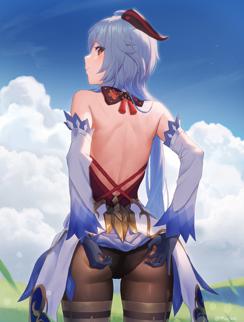 1girl absurdres ahoge back bangs bare_shoulders black_gloves blue_hair blue_sky bodysuit cape_lift clouds detached_sleeves from_behind ganyu_(genshin_impact) genshin_impact gloves goat_horns highres horns long_hair looking_at_viewer p_shiki qilin_(mythology) sky solo sweat violet_eyes waist_cape