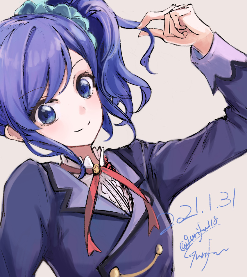 1girl aikatsu! aikatsu!_(series) arm_up blue_eyes blue_hair blue_jacket blue_scrunchie closed_mouth commentary_request dated grey_background gurifu hair_ornament hair_scrunchie highres jacket kiriya_aoi long_sleeves looking_at_viewer school_uniform scrunchie shirt side_ponytail signature simple_background smile solo twitter_username upper_body white_shirt