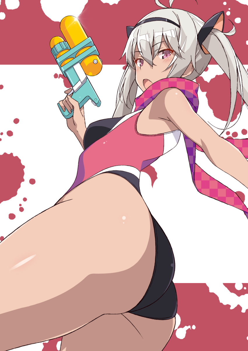 1girl ahoge ass black_hairband blush breasts competition_swimsuit eyebrows_visible_through_hair fang from_side hair_between_eyes hair_ornament hairband highleg highleg_swimsuit highres holding holding_water_gun looking_at_viewer looking_to_the_side nakamura_yukitoshi nui_sociere one-piece_swimsuit open_mouth original purple_background purple_scarf scarf silver_hair small_breasts solo swimsuit tan twintails two-tone_background violet_eyes water_gun white_background