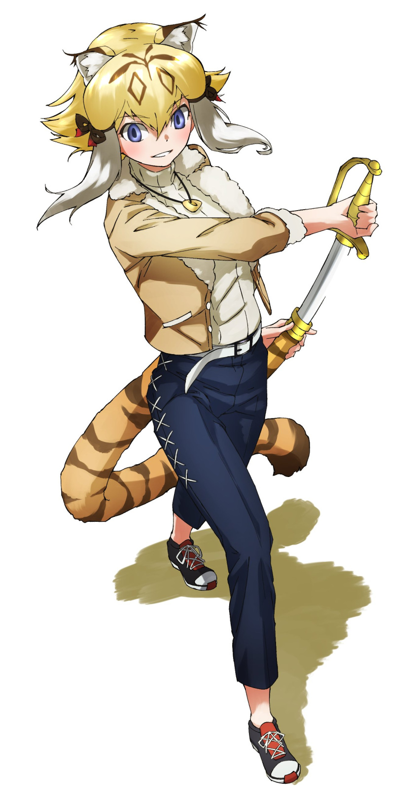 absurdres alternate_costume animal_ears animal_print beige_jacket belt black_footwear blonde_hair blue_eyes blush bomber_jacket bow capri_pants casual commentary_request denim drawing_sword eyebrows_visible_through_hair full_body fur_trim hair_bow highres jacket jeans jewelry kemono_friends long_sleeves multicolored_hair necklace pants red_bow scabbard sheath shoes short_hair sidelocks smilodon_(kemono_friends) sneakers sweater sword tail tanabe_(fueisei) tiger_ears tiger_girl tiger_print tiger_tail turtleneck turtleneck_sweater weapon white_belt white_fur white_hair white_sweater