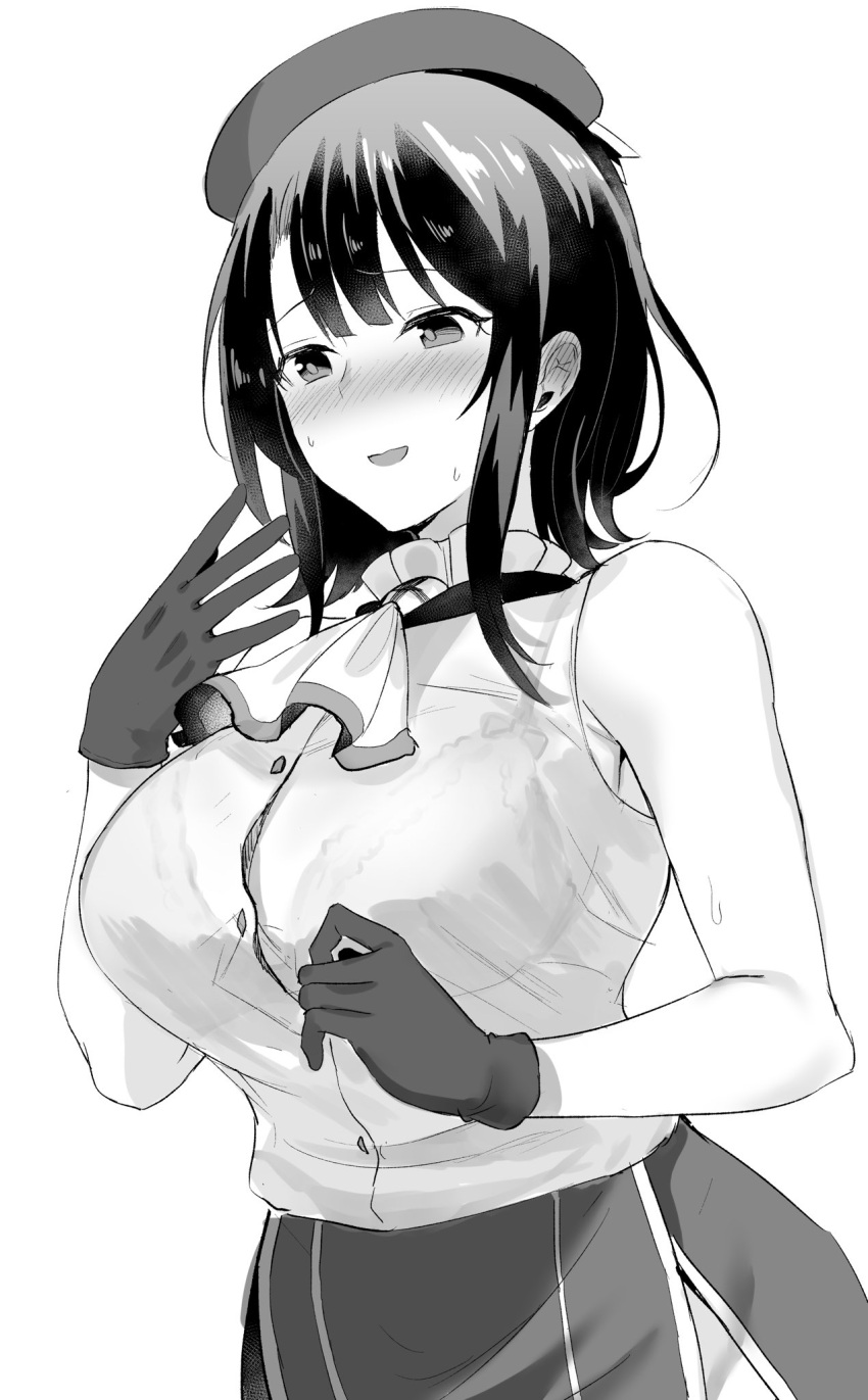 1girl ascot bare_shoulders beret black_gloves blouse blush breasts gloves hand_to_own_mouth hat highres kantai_collection large_breasts monochrome open_mouth senbei_(senbe_i) short_hair sidelocks solo takao_(kantai_collection) upper_body white_blouse