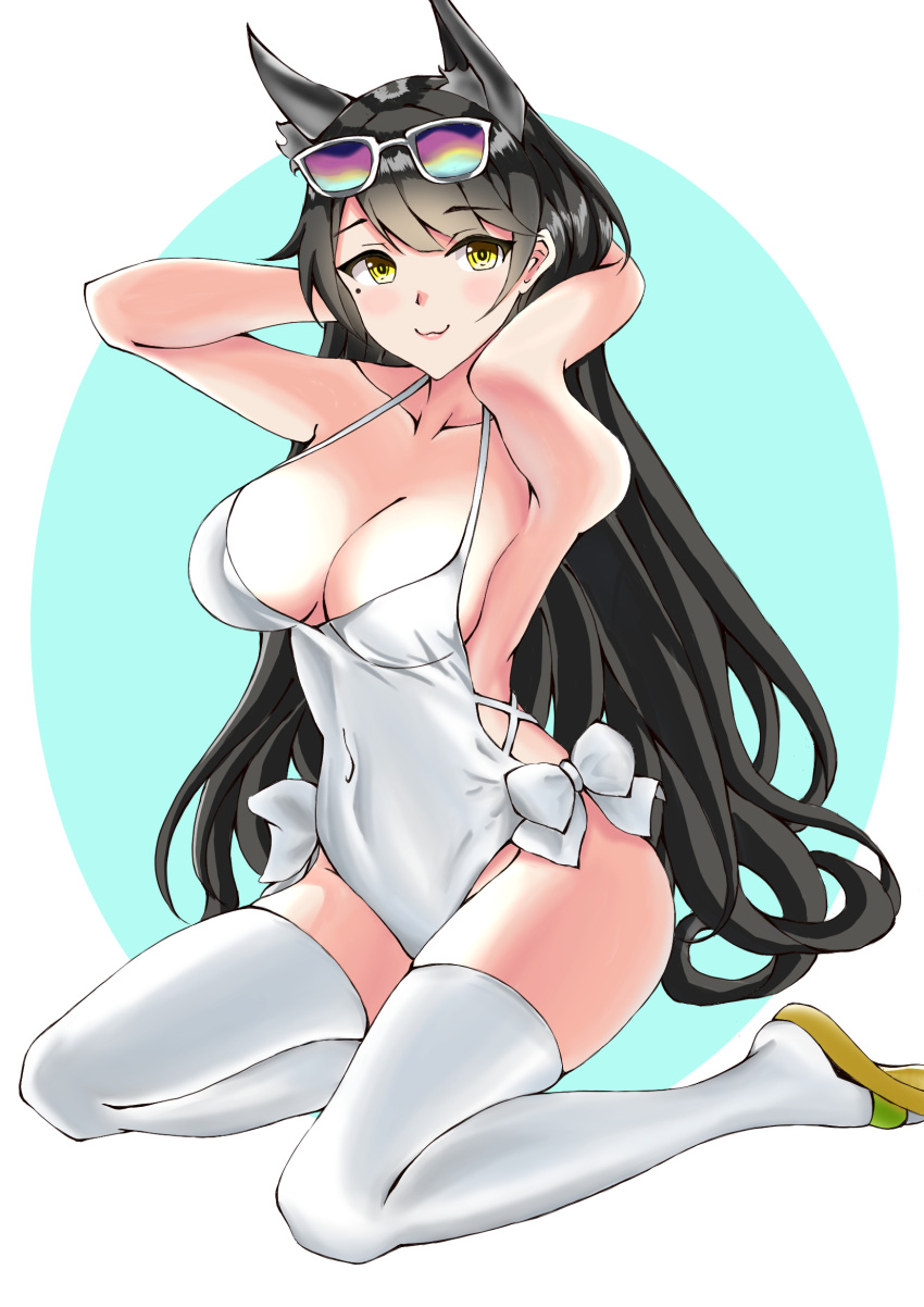 1girl animal_ears atago_(azur_lane) azur_lane black_hair breasts brown_eyes casual_one-piece_swimsuit covered_navel dog_ears extra_ears eyewear_on_head full_body highres large_breasts long_hair looking_at_viewer mole mole_under_eye one-piece_swimsuit solo sunglasses swimsuit thigh-highs white_background white_legwear white_swimsuit xiang_mulin