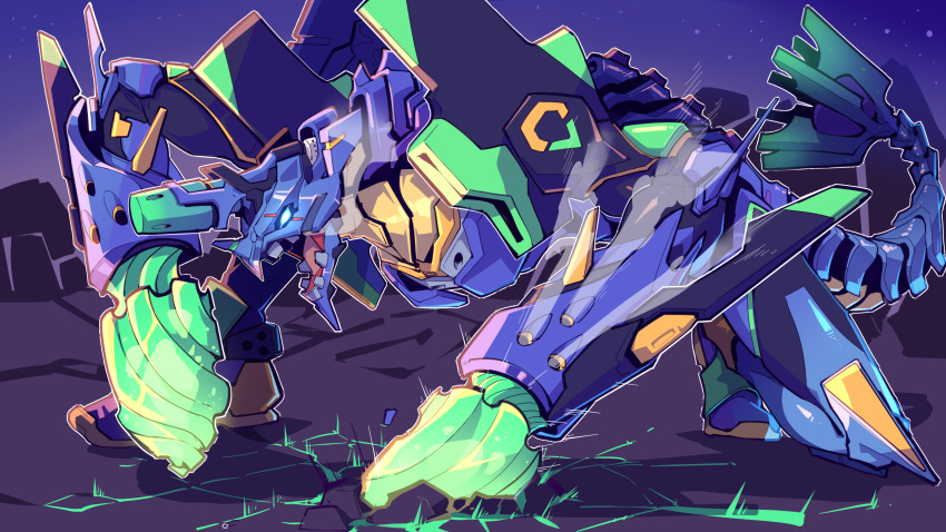 brachydios cracked_floor eva_01 fusion glowing glowing_eyes glowing_hands highres jinze_(imazawa) mecha monster_hunter monster_hunter:_world neon_genesis_evangelion no_humans one_knee open_mouth steam tail