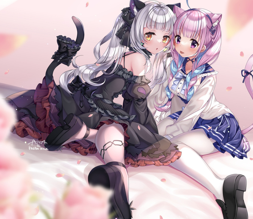 2girls :p animal_ears bare_shoulders bed black_footwear blonde_hair blush cat_ears cat_girl cat_tail face-to-face foreshortening frills gothic_lolita highres hololive kashiba_aira kneeling loafers lolita_fashion long_hair looking_at_viewer minato_aqua multiple_girls murasaki_shion pantyhose perspective purple_hair ribbon shiny shiny_hair shoes silver_hair tail tail_ornament tail_ribbon tongue tongue_out twintails virtual_youtuber yuri