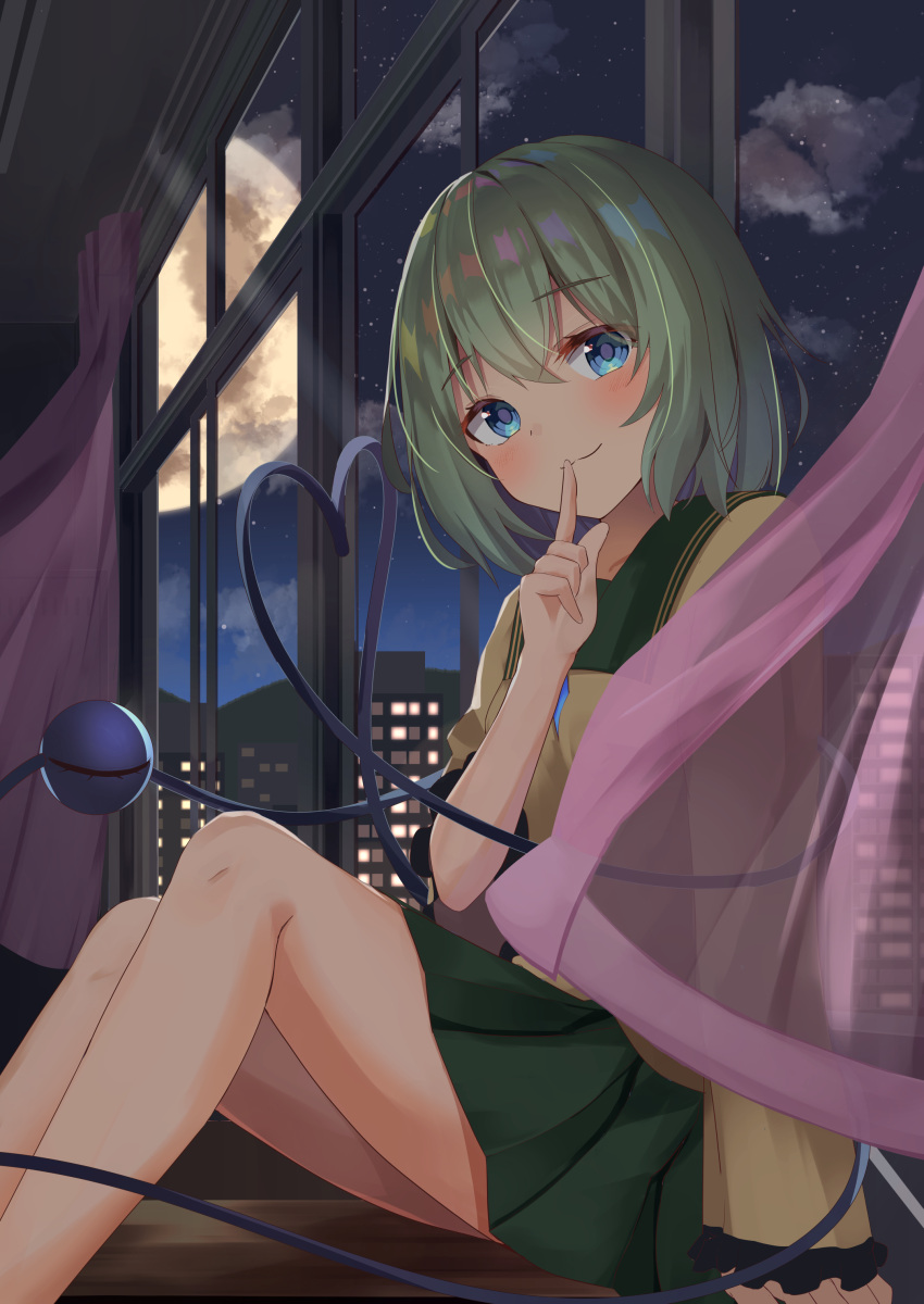1girl absurdres arm_support bangs blouse blue_eyes blush breasts building cityscape closed_mouth clouds curtains eyeball eyebrows_visible_through_hair feet_out_of_frame finger_to_mouth green_hair green_skirt heart heart_of_string highres indoors kirikaze_ren knees_up komeiji_koishi looking_at_viewer moon night night_sky no_hat no_headwear pleated_skirt see-through short_hair skirt sky small_breasts smile solo star_(sky) starry_sky third_eye touhou window yellow_blouse