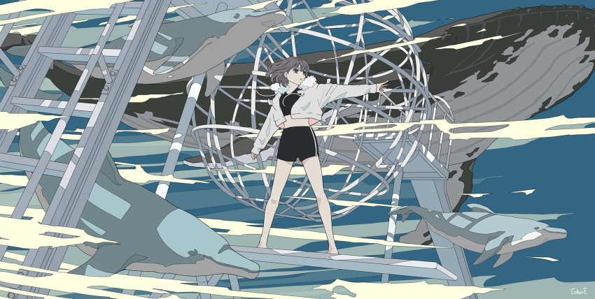 1girl barefoot blue_eyes blue_theme dolphin flat_color grey_hair highres jacket ladder looking_to_the_side original outstretched_arm partially_colored seraphitalg shorts signature surreal whale