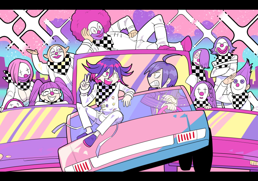 3girls 6+boys :d afro ahoge alternate_hair_color bald bangs blunt_bangs braid car checkered checkered_scarf clenched_teeth commentary_request crossed_arms dangan_ronpa_(series) dangan_ronpa_v3:_killing_harmony dice_members_(dangan_ronpa) driving fat fat_man furukawa_(yomawari) glasses grin ground_vehicle hair_up highres jacket looking_at_another lying male_focus mask motor_vehicle multiple_boys multiple_girls on_side one_eye_closed open_mouth ouma_kokichi pants pink_footwear pink_hair purple_hair saihara_shuuichi scarf short_hair sitting smile straitjacket striped striped_jacket symbol_commentary teeth twintails v vertical_stripes white_jacket white_pants