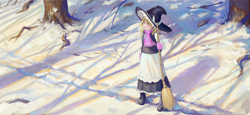 1girl apron arm_at_side arm_up bare_tree black_footwear black_headwear black_skirt black_vest blonde_hair breath broom day fjsmu footprints forest from_above hat hat_ribbon highres holding holding_broom kirisame_marisa long_hair long_sleeves looking_to_the_side mittens nature open_mouth outdoors purple_mittens purple_scarf ribbon scarf shadow shirt skirt snow solo standing touhou tree vest waist_apron white_shirt wide_shot winter witch_hat yellow_eyes