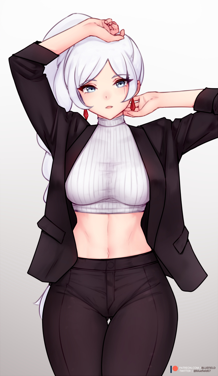1girl black_jacket black_pants blue_eyes bluefield breasts cowboy_shot cropped_sweater earrings highres jacket jewelry long_hair looking_at_viewer medium_breasts midriff navel office_lady open_clothes open_jacket pants ponytail ribbed_sweater rwby simple_background sleeves_past_wrists solo sweater thigh_gap thighs weiss_schnee white_hair