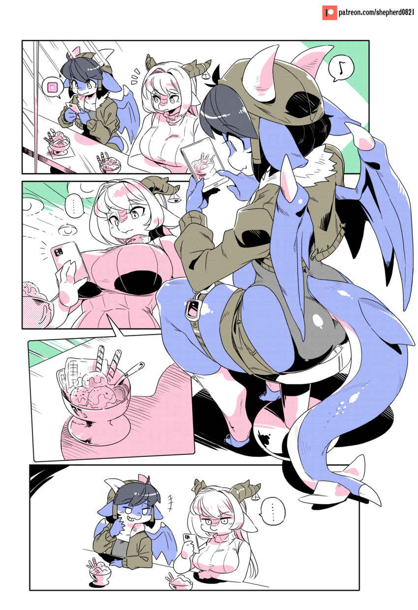 ... 2girls animal_ears aviator_cap bomber_jacket breasts dragon_ears dragon_girl dragon_horns dragon_tail dragon_wings flat_chest food goggles_around_one_leg highres horns ice_cream inconvenient_breasts instagram_logo jacket judge large_breasts leotard_under_clothes levia_(shepherd0821) monster_girl multiple_girls musical_note original pointy_ears ptera_(shepherd0821) scales shepherd0821 short_shorts shorts sleeveless sleeveless_turtleneck spoken_ellipsis spoken_musical_note tail turtleneck weighing_scale wings