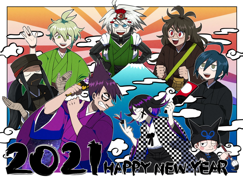 2021 6+boys :d ahoge alternate_costume amami_rantarou android antenna_hair bandaged_hands bandages bangs black_hair black_headwear brown_eyes brown_hair brown_kimono calligraphy_brush checkered checkered_kimono closed_eyes dangan_ronpa_(series) dangan_ronpa_v3:_killing_harmony english_commentary furukawa_(yomawari) gokuhara_gonta green_eyes green_hair green_headwear grey_hair hands_in_opposite_sleeves hands_up happy_new_year highres holding hoshi_ryouma japanese_clothes jewelry keebo kimono long_hair looking_at_another male_focus mask momota_kaito mouth_mask multiple_boys new_year open_mouth ouma_kokichi paintbrush pipe ponytail purple_hair purple_kimono red_eyes ring saihara_shuuichi shinguuji_korekiyo shiny shiny_hair short_hair smile space_print starry_sky_print tagme thumb_ring upper_teeth wide_sleeves