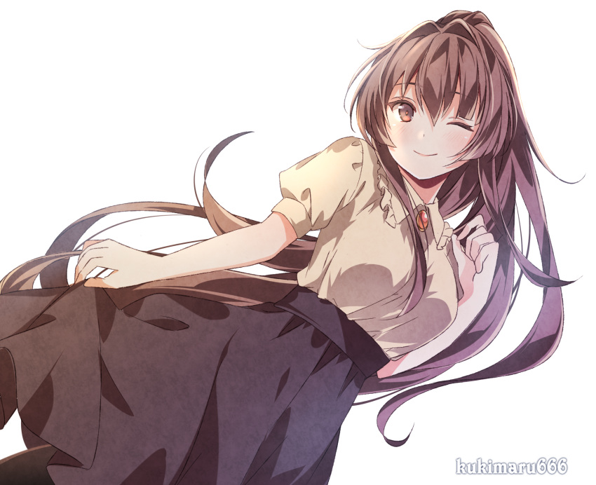 1girl alternate_costume black_skirt blush brown_eyes brown_hair closed_mouth collared_shirt hair_between_eyes highres kantai_collection kukimaru long_hair one_eye_closed pleated_skirt ponytail shirt short_sleeves simple_background skirt smile solo twitter_username very_long_hair white_background white_shirt yamato_(kantai_collection)