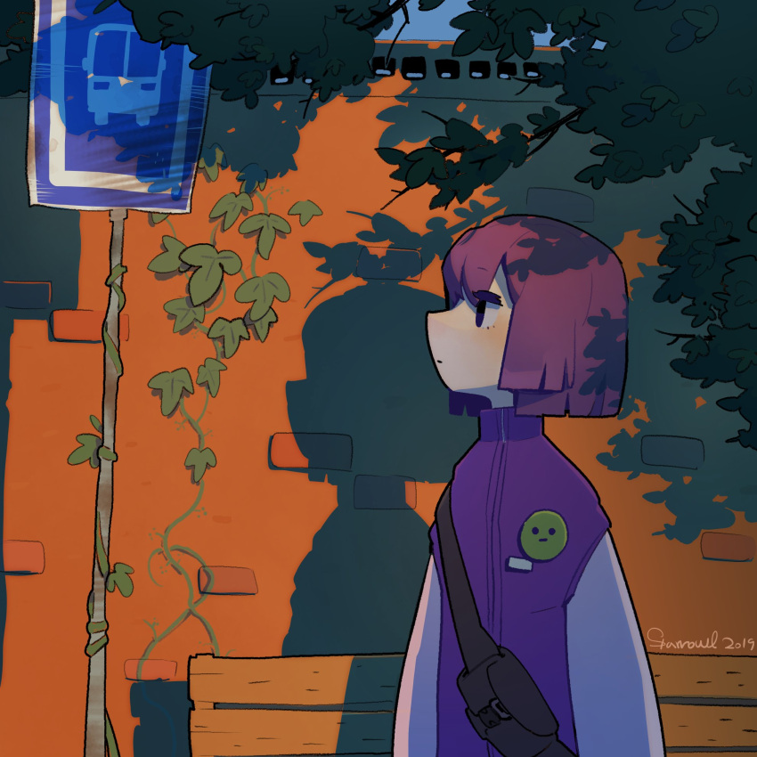 1girl album_cover bench black_eyes bob_cut bus_stop closed_mouth cover dated fanny_pack highres ivy jacket original outdoors profile purple_hair purple_jacket shadow signature solo sparrowl standing tree_branch wall