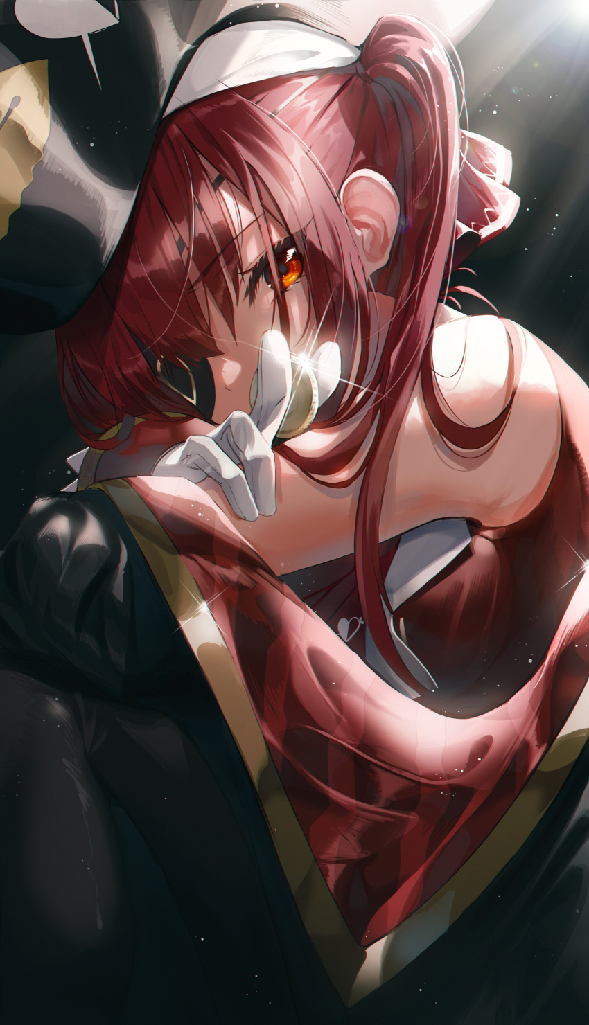 1girl absurdres black_headwear breasts coin eyebrows_visible_through_hair eyepatch gloves hat highres holding holding_coin hololive houshou_marine long_hair looking_at_viewer medium_breasts okazu_(eightstudio) pirate_hat red_eyes redhead solo twintails virtual_youtuber white_gloves