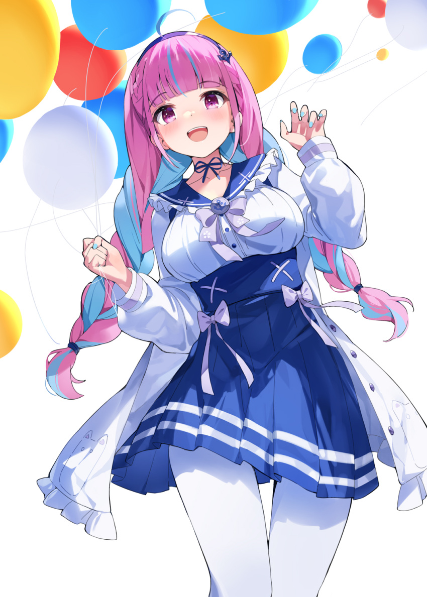 1girl :d ahoge anchor_hair_ornament balloon bangs birthday blue_dress blue_hair blue_nails blunt_bangs blush bow braid breasts choker dress eyebrows_visible_through_hair feet_out_of_frame fisheye from_below hair_ornament hairband hana_mori hand_up highres holding holding_balloon hololive jacket large_breasts long_hair long_sleeves minato_aqua multicolored_hair open_clothes open_jacket open_mouth pantyhose pink_eyes pink_hair pleated_skirt puffy_sleeves ribbon_choker simple_background skirt smile solo standing twin_braids twintails two-tone_hair very_long_hair virtual_youtuber white_background white_bow white_jacket white_legwear