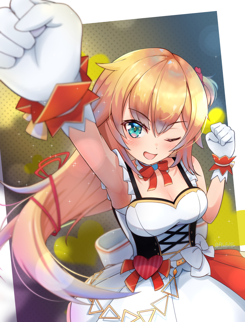 1girl ;d absurdres akai_haato aqua_eyes arm_up armpits bangs bare_arms bare_shoulders blonde_hair blush breasts clenched_hands cowboy_shot cross-laced_clothes feweryen fist_pump frilled_straps frills gloves hair_between_eyes hair_ornament heart heart_hair_ornament highres hololive idol idol_clothes long_hair looking_at_viewer medium_breasts miniskirt nonstop_story one_eye_closed one_side_up open_mouth skirt skirt_set sleeveless smile solo tied_hair underbust v-shaped_eyebrows very_long_hair virtual_youtuber white_gloves