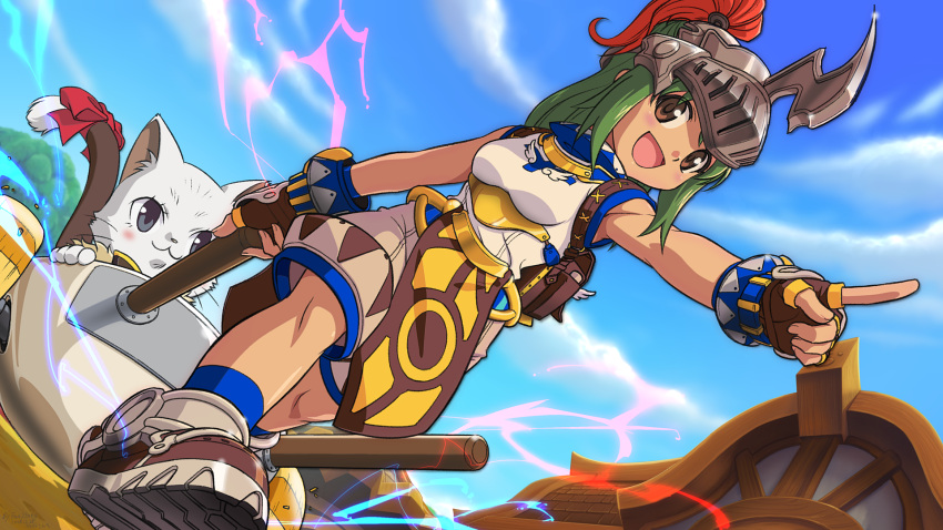 1girl :3 anime_coloring armored_shoes bangs blue_legwear blue_sky blush bow breasts brown_eyes brown_gloves cart cat clouds commentary_request dated day dutch_angle eyes_visible_through_hair fan_zhong fingerless_gloves full_body furry gloves green_eyes helmet highres house lightning looking_at_viewer medium_breasts open_mouth outdoors pants pelvic_curtain plume pointing pointing_forward pouch ragnarok_online red_bow red_lightning shirt signature sky sleeveless sleeveless_shirt socks summoner_(ragnarok_online) super_novice_(ragnarok_online) tail tail_bow tail_ornament tree visor_(armor) walking white_pants white_shirt