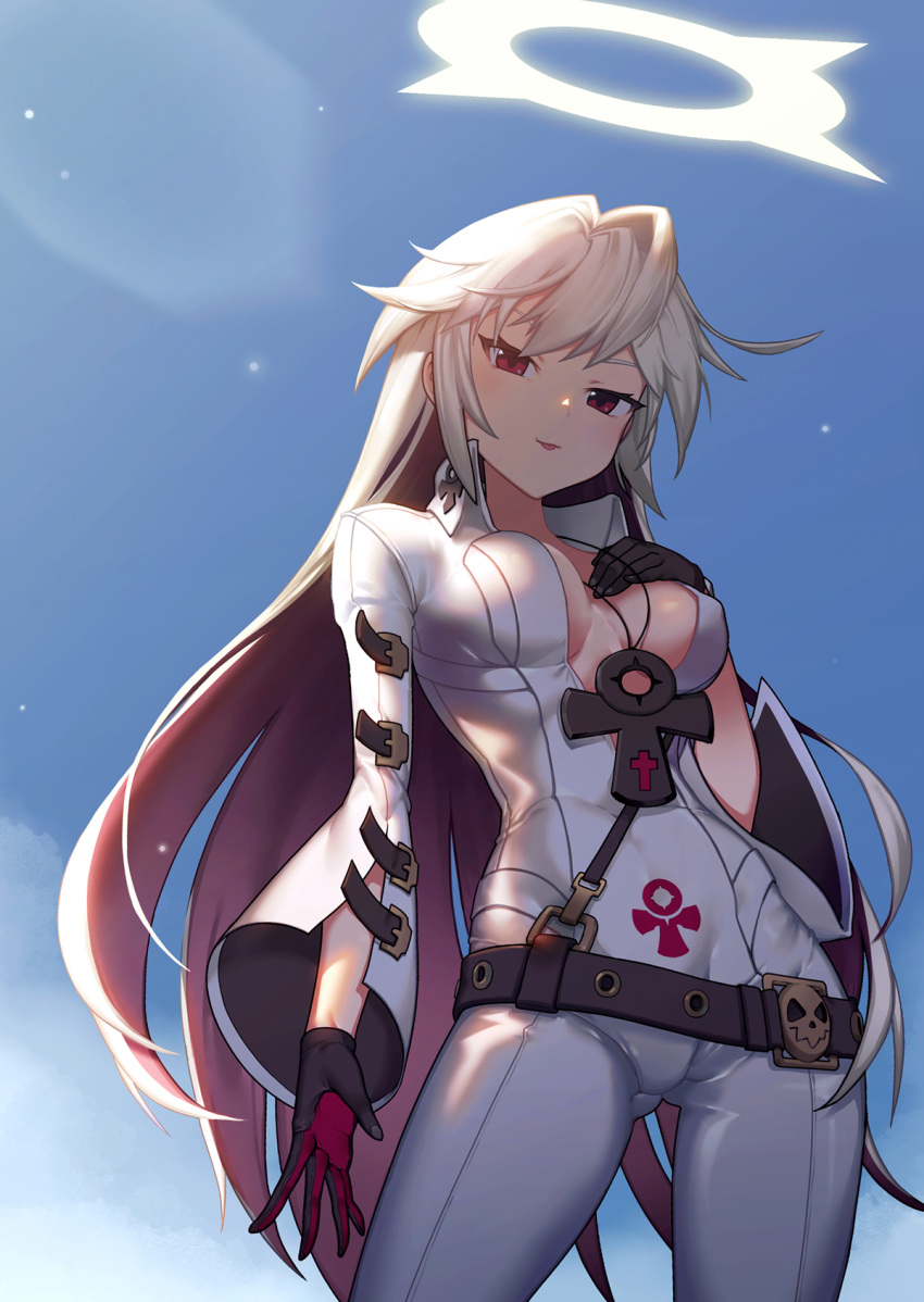 1girl ankh arm_at_side ass_visible_through_thighs belt breast_suppress breasts breasts_apart contrapposto covered_nipples cowboy_shot eyebrows_behind_hair from_below gloves groin guilty_gear half-closed_eyes halo hand_on_own_chest highres jack-o'_valentine jewelry jumpsuit k1_(erin22) long_hair looking_at_viewer medium_breasts multicolored_hair naughty_face necklace plunging_neckline red_eyes redhead shade sidelocks skin_tight sky solo straitjacket sunlight tongue tongue_out tsurime two-tone_hair very_long_hair white_hair white_jumpsuit wide_sleeves wing_collar